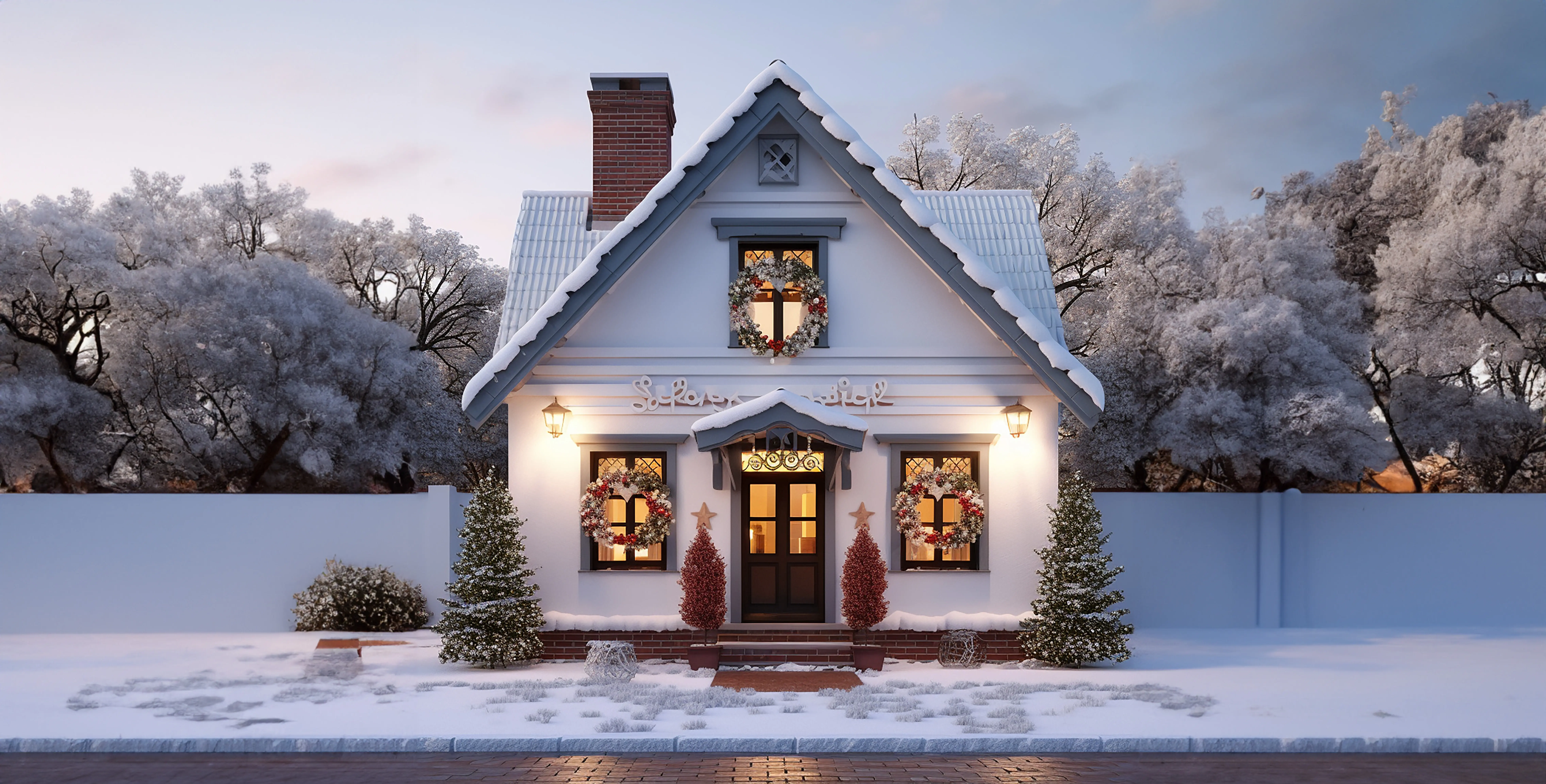 A Christmas house in the snow with a simple, basic house-shaped facade.