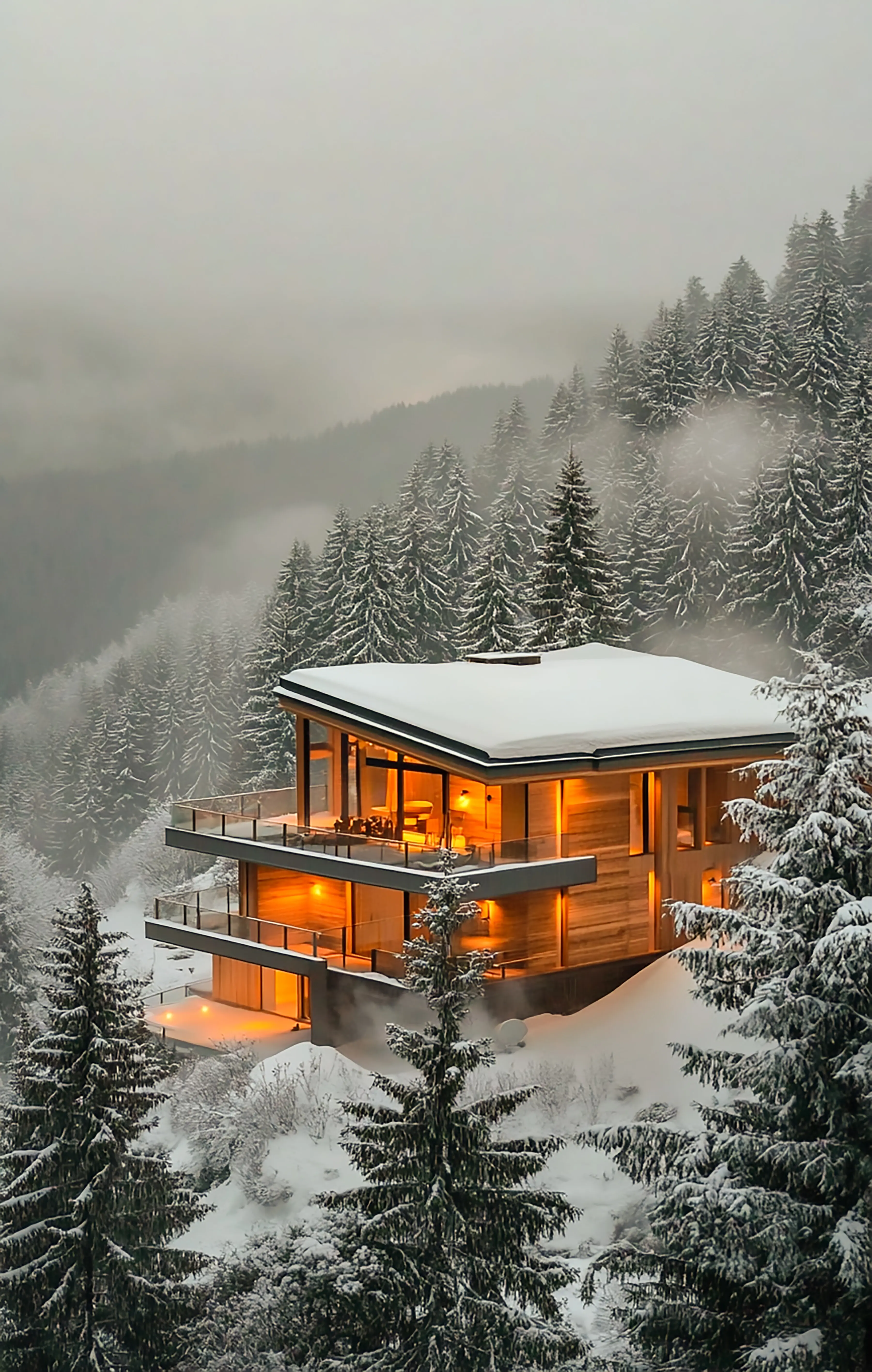 A winter fantasy Christmas scene of a cozy mountain village with snow-covered wooden buildings.