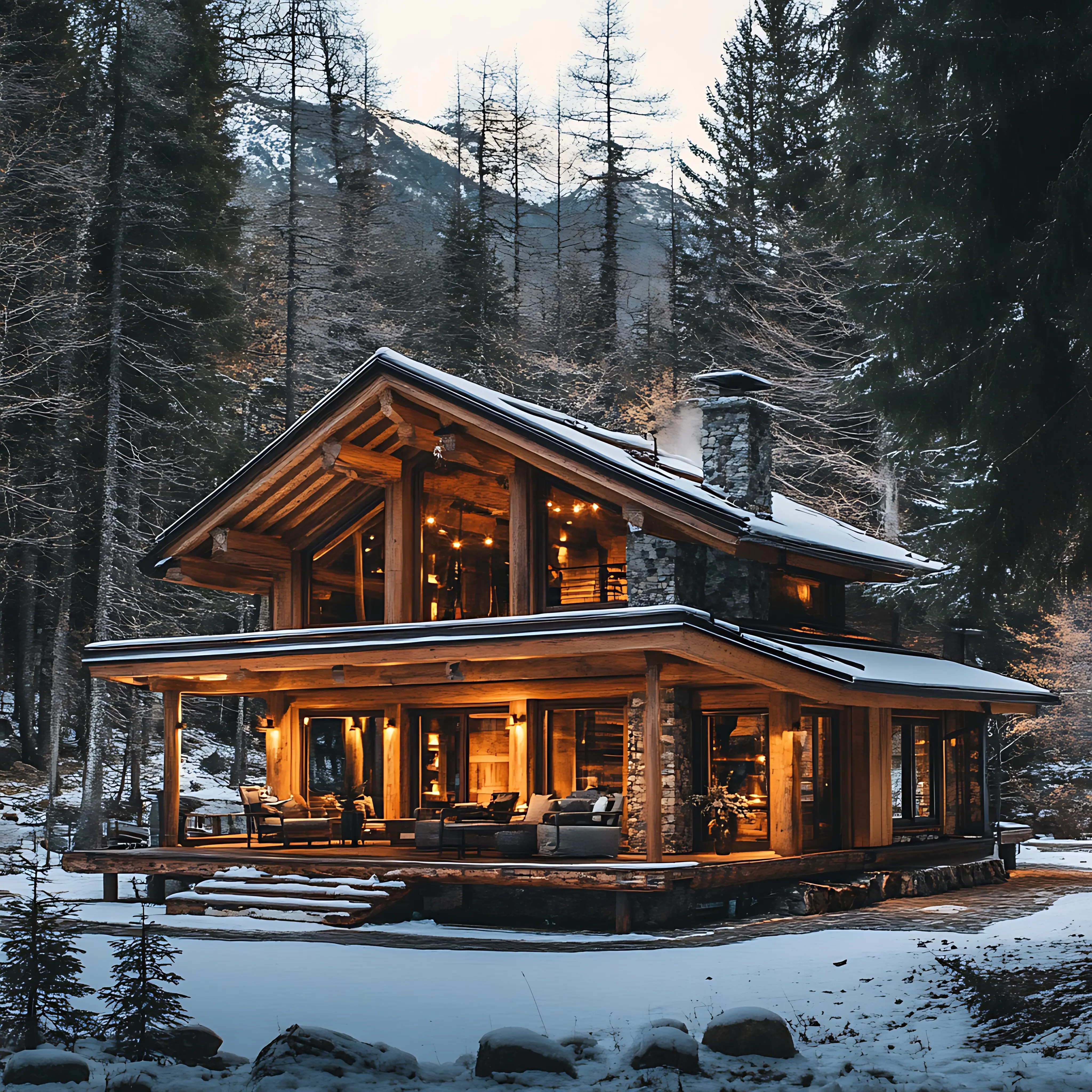 An arafed cabin located in the woods, with a deck and a covered porch.