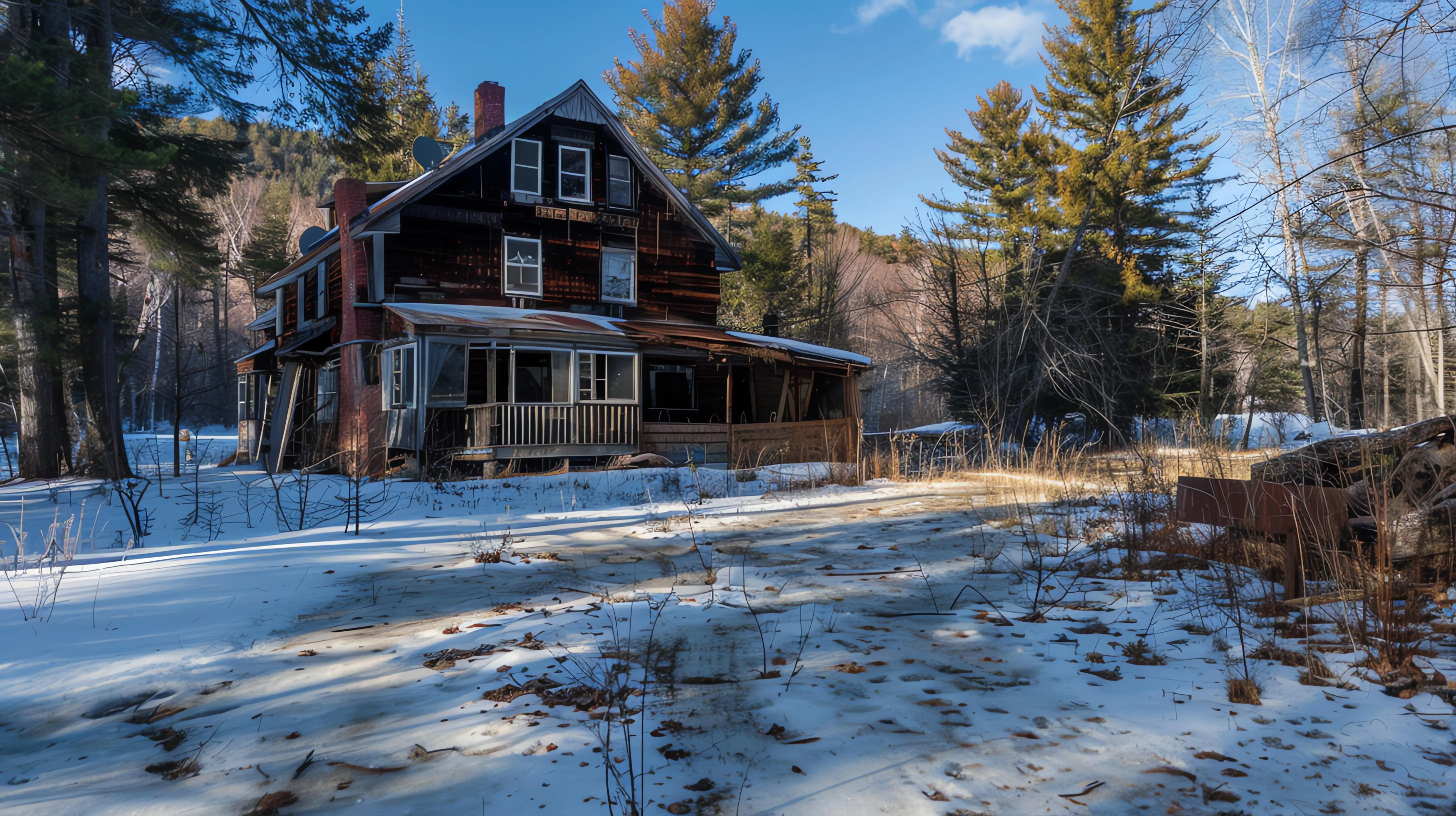 This is a photograph of a deserted house in the forest, surrounded by trees and snow.