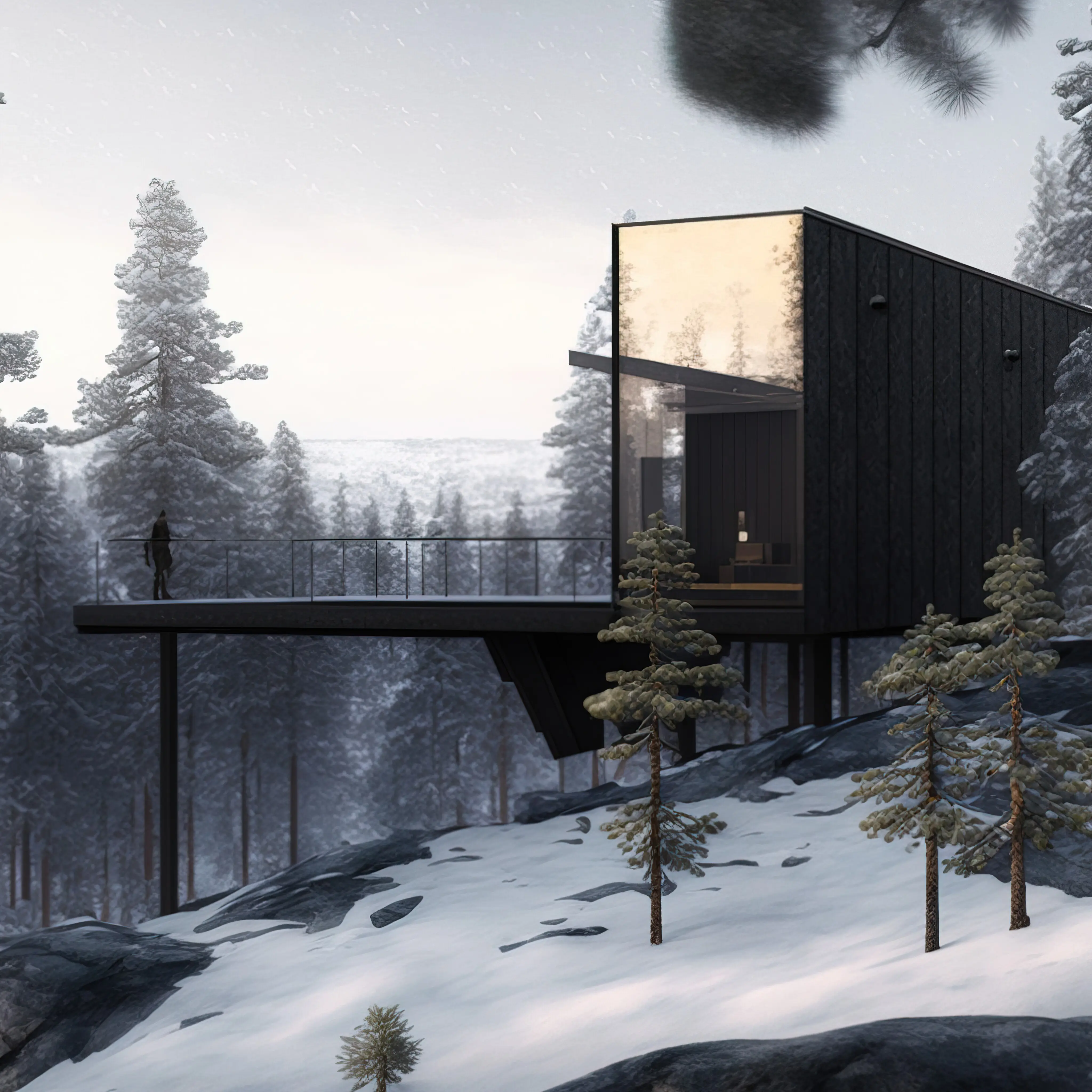 AI-generated modern minimalist-style cabin in a clearing in a wilderness area