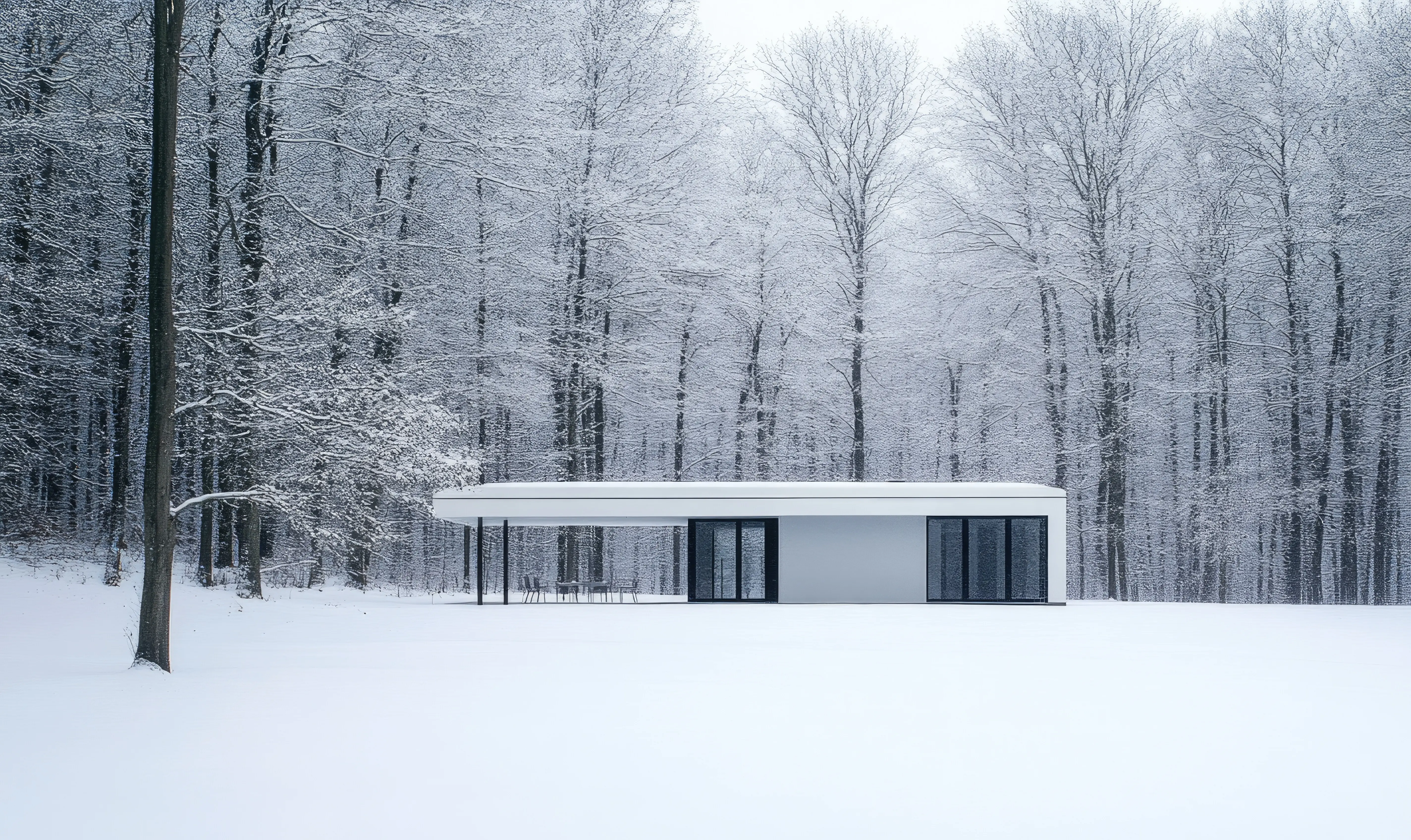 Snow and trees surround a small white house.