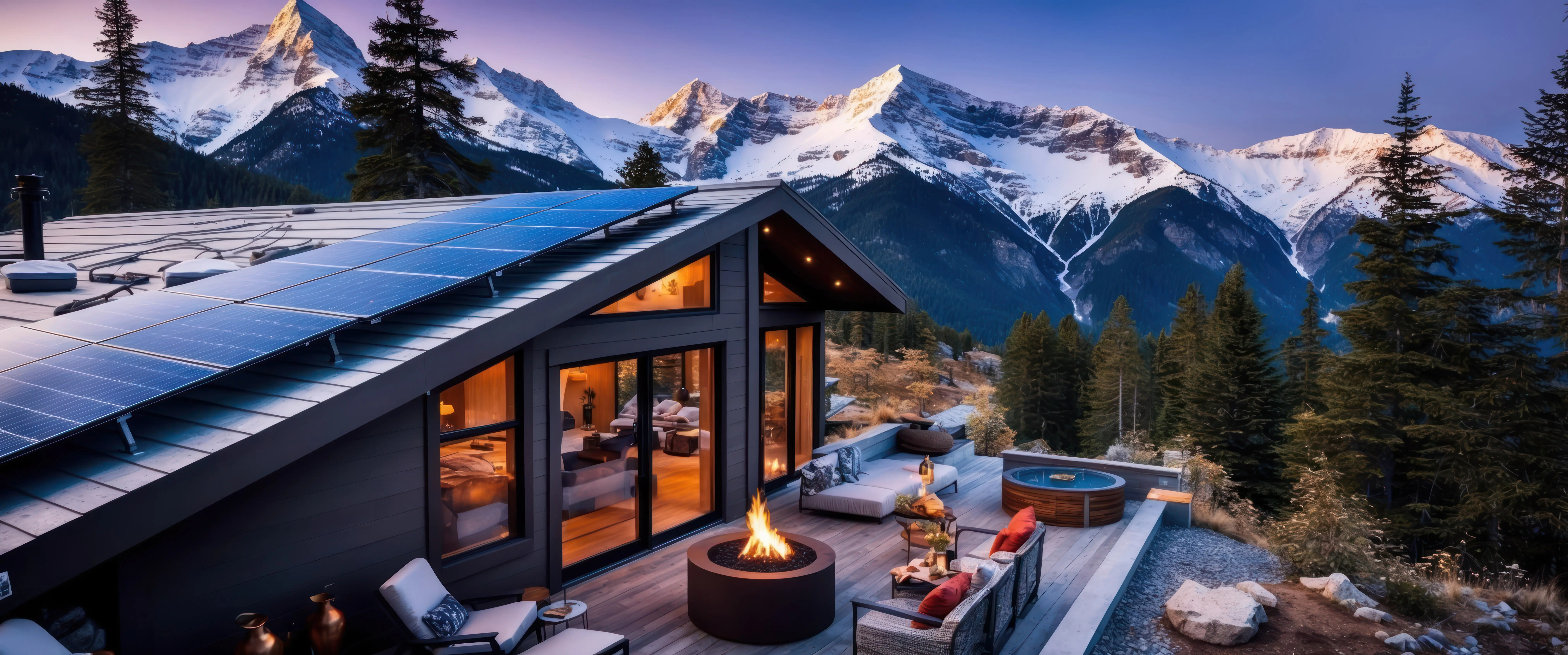 A breathtaking mountainside hideaway with eco-friendly solar panels and a warm, inviting atmosphere.