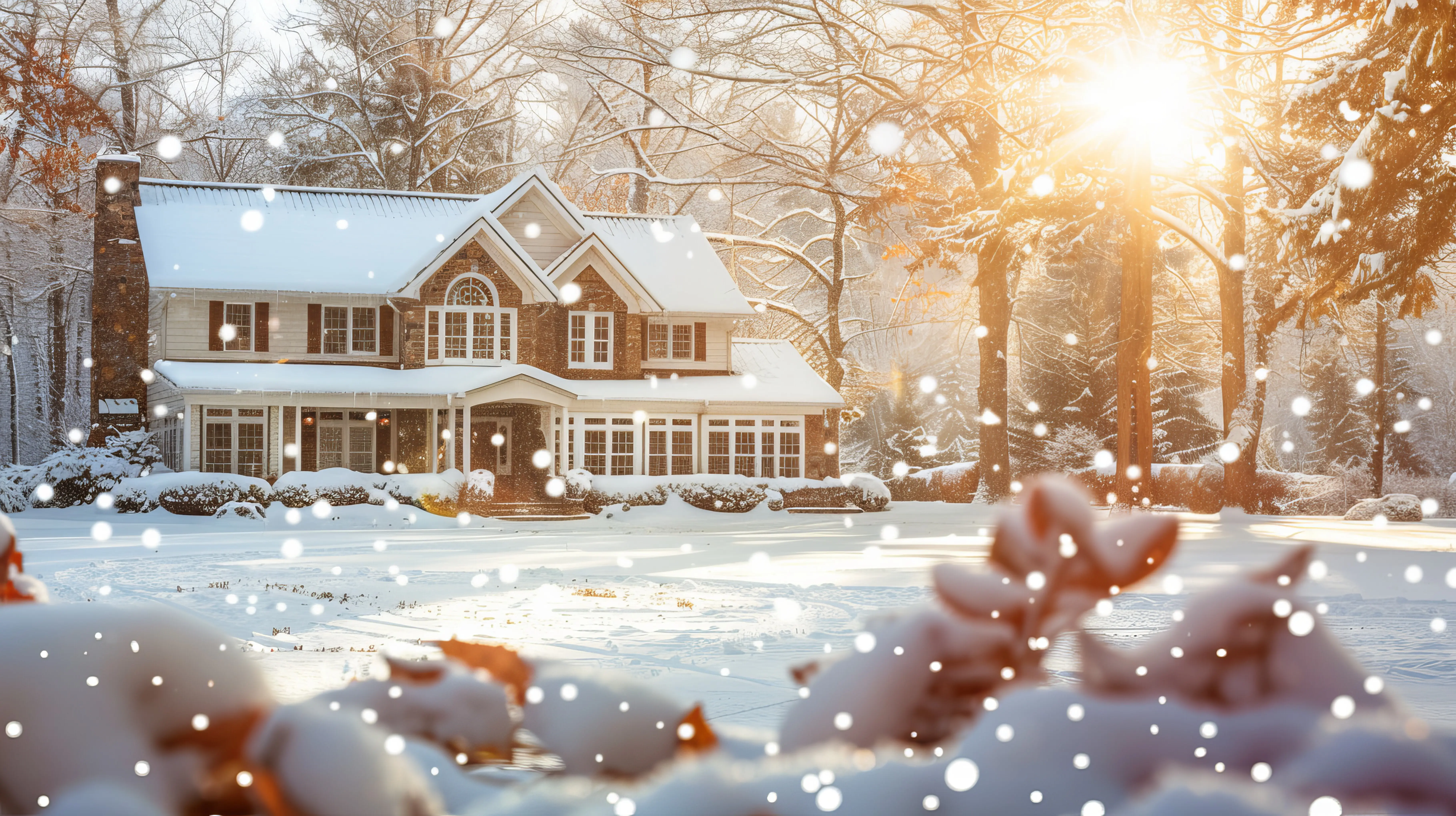 A cozy family house, covered in snow on a sunny morning, in a snowy winter wonderland during the holiday season.