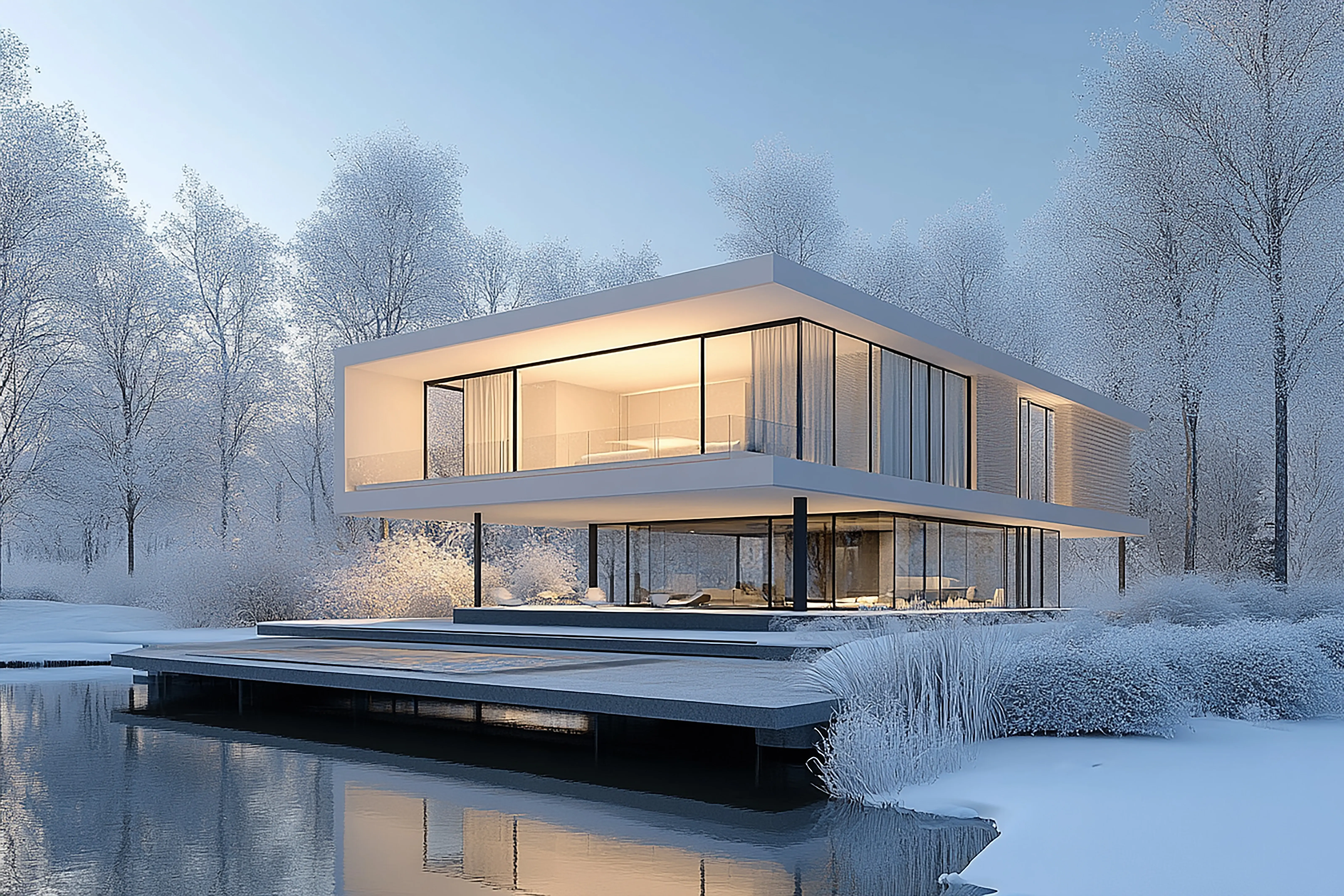 A lakeside house with a thick layer of snow on the roof.